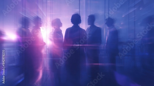 Group Of People Standing In A Glass Corridor Bathed In Violet And Blue Light, Silhouettes In Deep Conversation, Abstract Futuristic Team Discussion In Reflective Office Environment