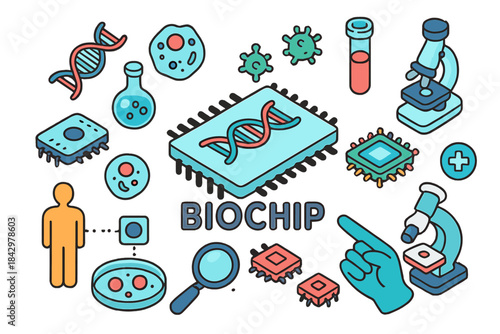 Biotechnology flat icon set. featuring biochip, dna, cell, virus, test tube, microscope, and microchip symbols