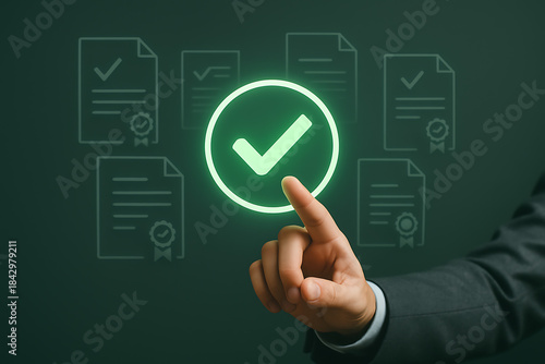 Business hand touching a glowing green check mark circle on a dark screen representing successful quality approval or compliance
