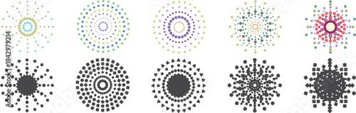 Collection of ten geometric mandala designs featuring colorful and black silhouette circular abstract patterns