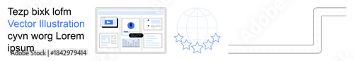 Business analytics, global communication, digital marketing, user interface design, data visualization, corporate tools. A dashboard layout with global connectivity and stars. Business analytics