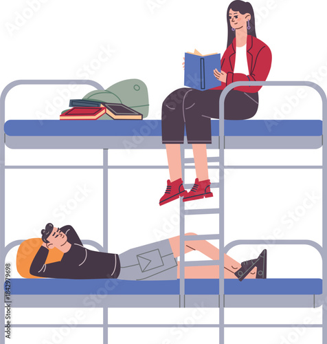 Students in university dorm sitting on beds color icon
