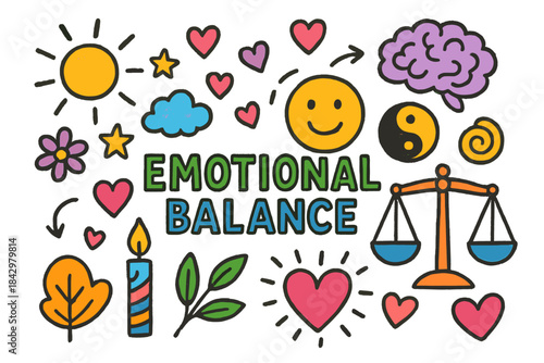 Emotional wellbeing flat icon set. includes sun, heart, brain, yin-yang, candle, leaf, flower, cloud, scales