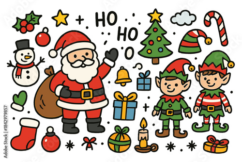 Christmas celebration flat icon set. featuring santa claus, elf, gift, christmas tree, snowman, and stocking symbols