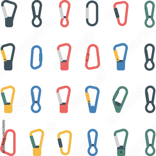 Assortment of colorful climbing carabiners and D-rings in a grid pattern gear equipment