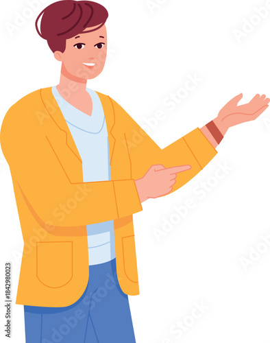 Promotion concept. Person show hand side icon