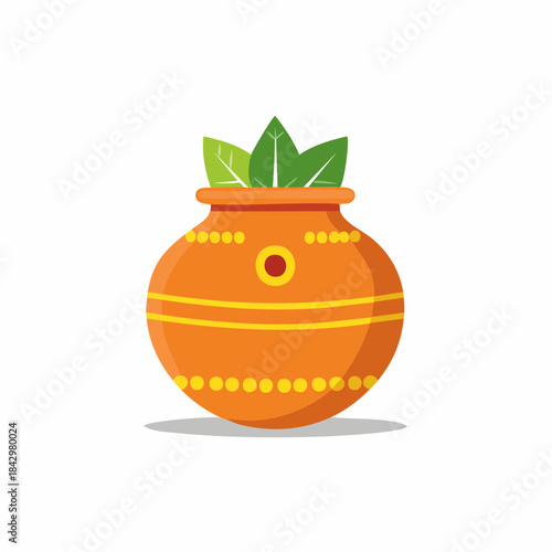 Hindu Purna Kalasha with Leaves, Indian Ritual Object, Auspicious Symbol Vector Illustration