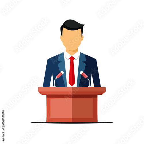 Public Speaker Man Giving Speech at Podium with Microphones for Convention or Political Event Speech or Announcement