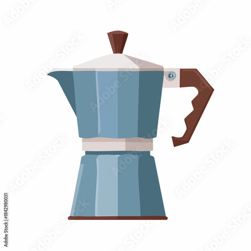 Stylish Blue Metal Moka Pot: Traditional Italian Coffee Maker Brewing Device at Home, Cozy Kitchen Still Life