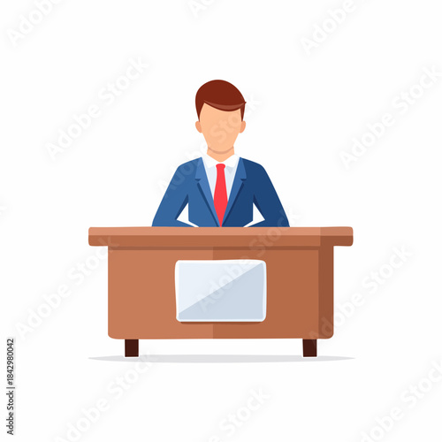 Person in Suit Behind Wooden Reception Desk Flat Vector Illustration