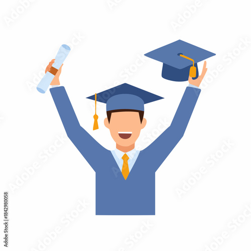 Graduate celebrating graduation ceremony holding diploma and cap concept of higher education achievement and success cartoon flat illustration