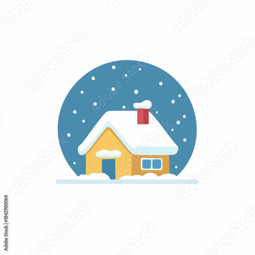 Cozy House in Winter Snowfall Vector Illustration with Red Chimney and Snow Covered Roof for Greeting Cards