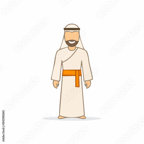 Cartoon Arab Man in Traditional White Clothing with Orange Belt Isolated on White Background