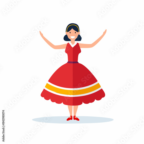 Happy Woman in a Red Dress Smiling and Dancing Poses in Studio