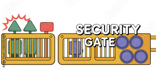 Cartoon Security Gate with Warning Lights and Text Security Gate alert barrier
