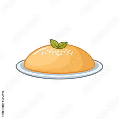 Cartoon rendering of a golden brown dessert on a plate with small plant garnishes for advertising illustration and creative content projects