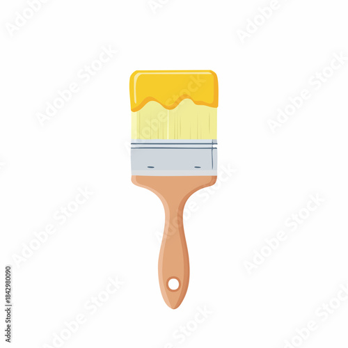 Paintbrush loaded with vibrant yellow paint for art, crafting, home decor, or renovations.