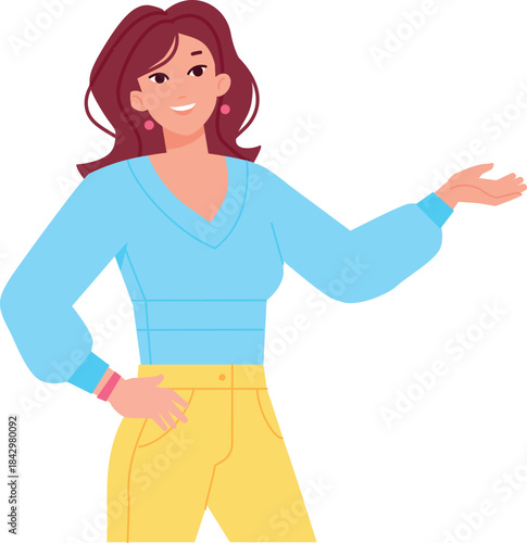 Show hand gesture. Cheerful woman displaying product