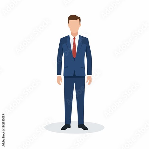 Standing Man in Blue Business Suit with Red Tie, Flat Vector Graphic