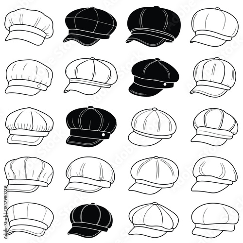 Collection of 16 illustrated flat caps and newsboy caps in black and white outlines baker boy hat