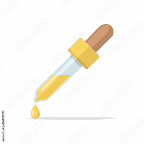 Dropper with a Yellow Liquid and Droplet Hanging, Medical Instrument with Oil or Essence for Health, Pharmaceutical Tool