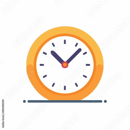 Orange wall clock with white face indicating time, simple illustration for website or app, round analog time piece,  measuring time in hours and minutes