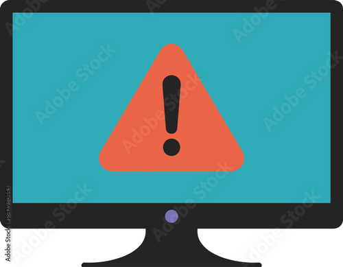 Computer monitor displaying a red warning triangle with an exclamation mark on a teal screen vector illustration