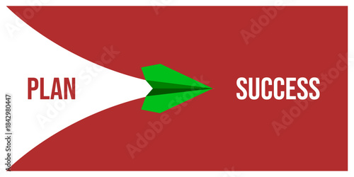 Conceptual vector illustration showing a green paper plane transitioning from plan to success. Symbolizing the journey from planning and strategizing to achieving desired results.