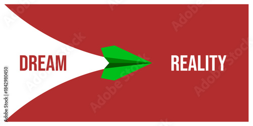 Conceptual vector design showing a green paper plane transitioning from dream to reality. Symbolizing ambition, goal achievement, and transformation from ideas to execution.