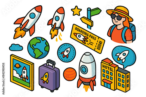 Travel and space cartoon icon set. featuring rockets, earth, suitcase, planet, hotel, and boarding pass symbols