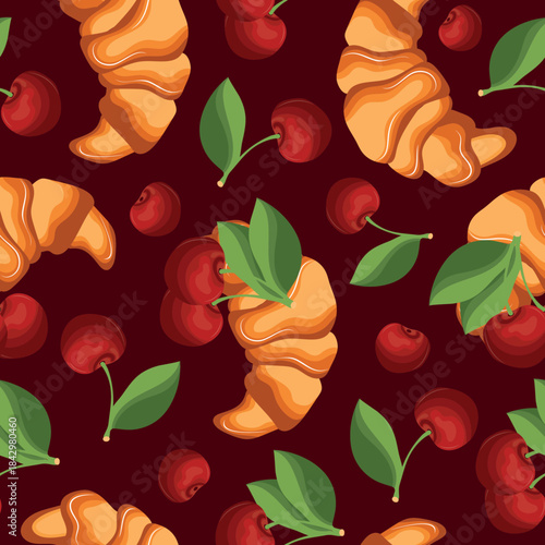 seamless pattern with baked croissants and cherry icons next to it, indicating the taste of the pastry on a red background, for menus and various food designs