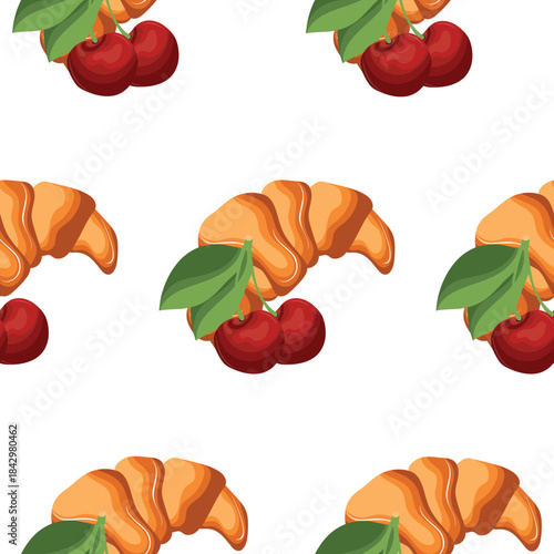 pattern with baked croissants and cherry icons next to it, indicating the taste of the pastry, for menus and various food designs
