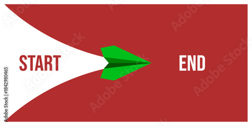 Vector illustration symbolizing the journey from start to end with a green paper plane. Representing the progression from initiation to completion in a creative, metaphorical way.