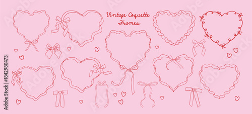 Doodle hand drawn coquette ribbon frames with hearts, wavy lines, and bows. Trendy vintage whimsical borders for Valentine's day, wedding invitations, birthday card, prints, menu. Vector illustration