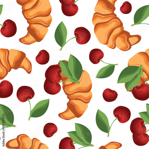 seamless pattern with baked croissants and cherry icons next to it, signifying the taste of the pastry, for menus and various food designs
