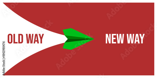 Vector illustration showing the transition from the old way to the new way with a green paper plane. A symbolic representation of change, innovation, and forward movement.