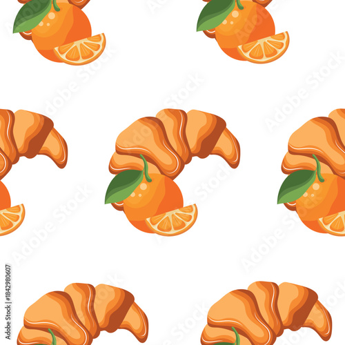 pattern with a set of icons of pastries and fruits, namely a croissant with an orange next to it, for menus and various food designs