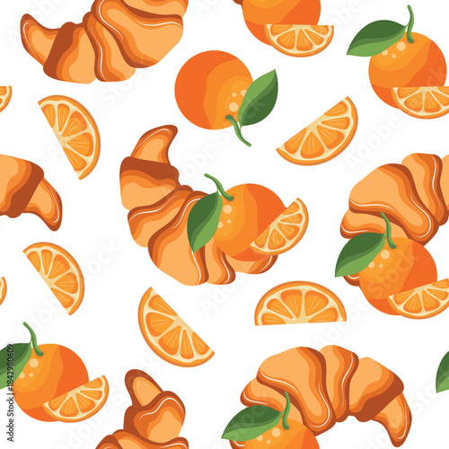 seamless pattern with a set of bakery and fruit icons, namely a croissant with an orange next to it, for menus and various food designs