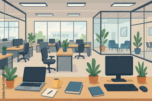 Office environment flat icon set. featuring computer, chair, desk, plant, meeting room, coffee, book, window, screen, keyboard