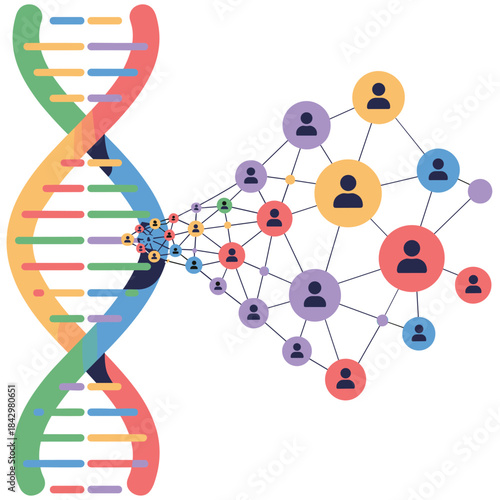 DNA Double Helix Unraveling into a Network of People Icons abstract analysis