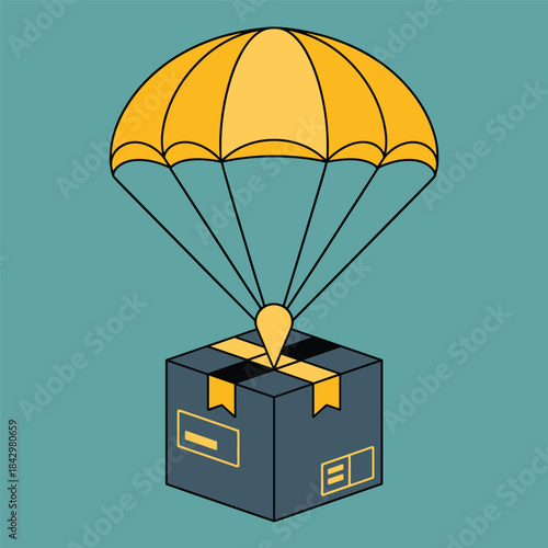 Delivery Parcel Falling From Sky With Parachute And Gift Ribbon package shipping