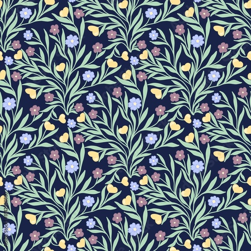 Floral pattern with leaves and flowers on a dark background showcasing various shapes and colors