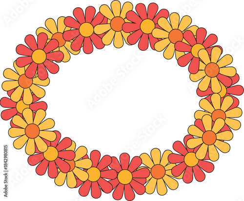 Oval Frame Made of Repeating Red and Yellow Daisy-like Flowers on White Background floral