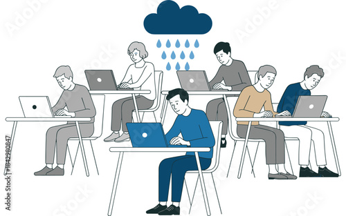 People Working on Laptops Under a Rain Cloud computers desks