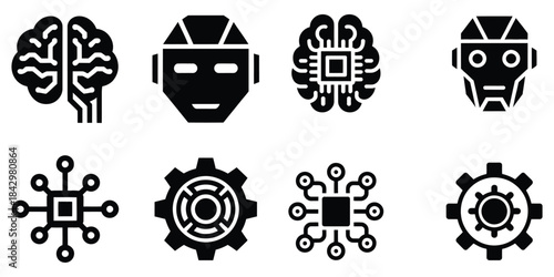 Black and white tree silhouettes and industrial gear icons vector set
