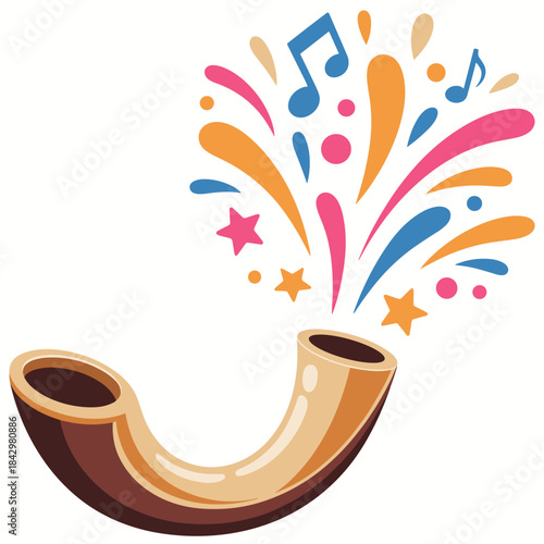 Shofar horn blowing colorful celebratory bursts of stars and musical notes on a white background ram's horn
