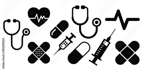 Abstract vector background with hand drawn symbols and medical tools pattern