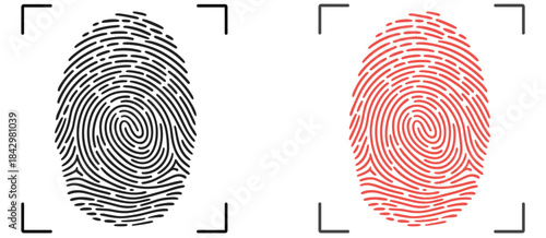 Two fingerprint icons one black and one red within framing squares on a white background thumbprint identity