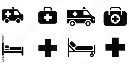 Transportation and medical icon set vector illustration with cars trucks buses taxis and symbols for travel and delivery