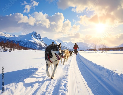 Dog sledding adventure in a snowy landscape under a bright sun and blue sky